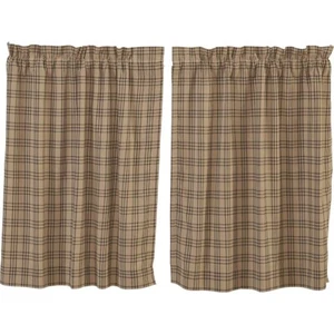 New Country Primitive Farmhouse OAT BLACK PLAID CHECK Cafe Tiers Curtains 36" - Picture 1 of 1