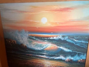 H.GAILEY ORIGINAL OIL ON CANVAS SEASCAPE WAVES SUNSET PAINTING - Picture 1 of 1