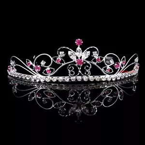 Beautiful Butterfly Flower Wedding Prom Pink Crystal Bridal Girl Tiara Headband - Picture 1 of 3
