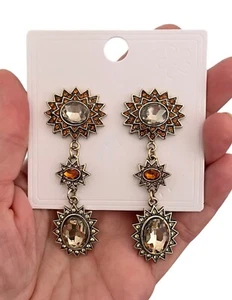 2.75" Long VIntage Look Light Brown Crystals Evening Earring Pageant Casual Chic - Picture 1 of 3
