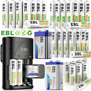 EBL 1.2V Ni-MH Rechargeable AA AAA Batteries ,280/600mAh 9V Battery /Charger Lot - Picture 1 of 65