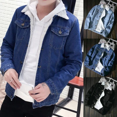 Mens Fleece Sherpa Lined Denim Jacket Jeans Blazer Slim Coat Winter Thermal - Image 1 of 4