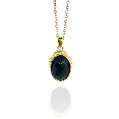 Stunning Faceted Oval Black Onyx Necklace 18K Yellow Gold Plated 16-18" Chain - Image 1 of 4