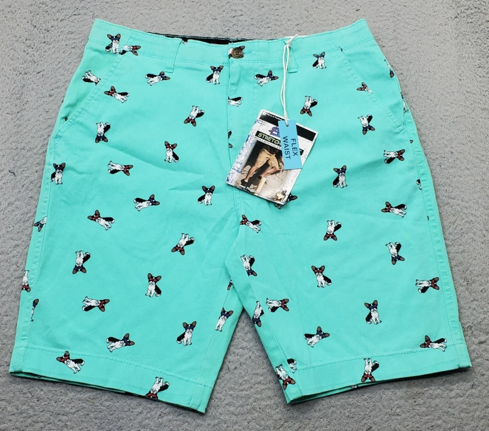 Plugg Chino Shorts Mens Size 31 Multi Stretch Bulldog Frenchie Print Flex Waist - Image 1 of 4