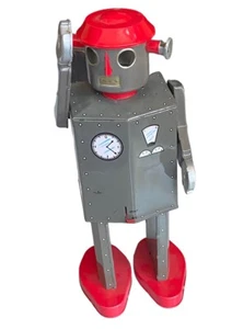 Atomic Man Wind Up Robot Tin Toy 11.5" Large Saint John Marxu Gray Red Litho - Picture 1 of 17