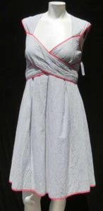 $98 JESSICA SIMPSON Gray White Striped Pink Cotton Fit & Flare Wrap Dress US S 6 - Picture 1 of 5