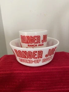 JUEGO DE TAZA/TAZÓN PARA NIÑOS RANGER JOE RANCH Hazel Atlas De Colección Años 1940 Estampado en Rojo - Imagen 1 de 9