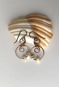 Antiqued Copper w/Natural Shell Bead Dangle Earrings artisan craft Wire Wrapped - Picture 1 of 5