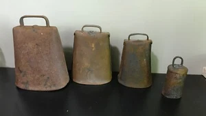 Four Antique Primitive Hand Forged Riveted Cow Bells.  Great Sound! - Picture 1 of 9