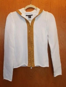 BOSTON PROPER WOMEN'S HOODED ZIP FRONT CARDIGAN SWEATER WHITE & GOLD. SIZE XS - Picture 1 of 6