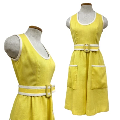 Vestido recto vintage de lino amarillo Mollie Parnis Mod años 70 con cinturón a juego Foto 1 de 4