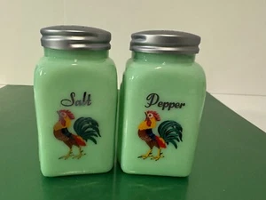 Jadeite Green Glass Arch Salt & Pepper Set Colorful Rooster & Chicken - Picture 1 of 11
