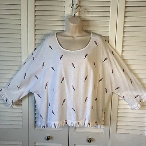 C & C California White w/ Multicolored Novelty Parrot Print Boxy Tunic Top L - Picture 1 of 8