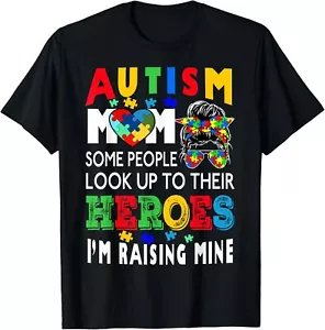 Autism Mom Raising Hero Groovy Messy Bun Autism Awareness T-Shirt - Picture 1 of 5