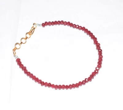 Red Ruby Dyed Gemstone 4.5 mm Round Beads Gold Plated 5" String Code Bracelet - Image 1 of 4