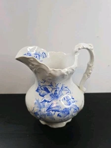 Antique 1893 Wheeling Pottery La Belle 7.5" White Pitcher Blue Flowers - Picture 1 of 9