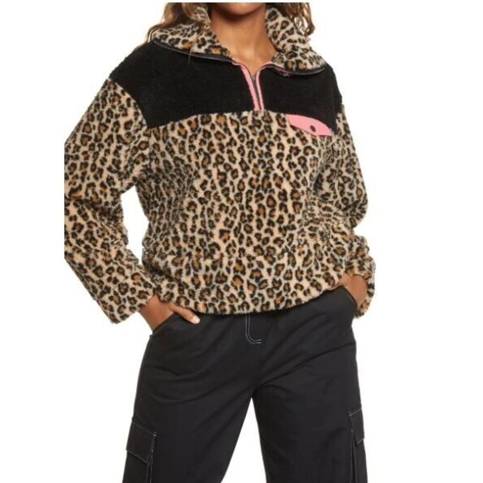 BP. 1/4 Zip Leopard Print Colorblock Fleece Pullover Size Small - Pink