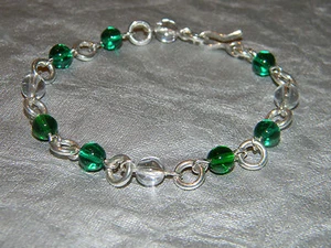 Massives 925 Sterling Silber Gliederarmband mit grün weißen Kristall runden Perlen B2503 - Bild 1 von 12