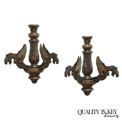Vintage Italian Renaissance Carved Walnut Winged Griffin Wall Sconces - a Pair - Image 1 of 4