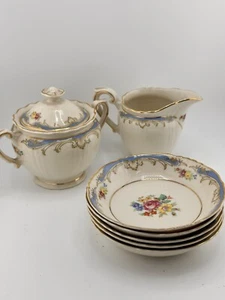 Syracuse China Federal Shape Light Blue Gold Scrolls Floral Sugar Creamer Plates - Picture 1 of 5