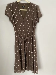 MSK Polka Dot With Tie Waist Dress Sz 8 Neutral Brown White Pintuck Button Neck - Picture 1 of 7