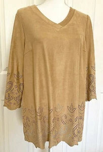 CHICO'S Women's 1 S/M Top Tunic Super Soft Faux Suede Lazer Cut Out Work Stretch - Picture 1 of 10