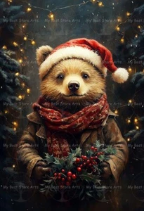 BROWN BEAR SANTA HAT ART PRINT, Holiday Christmas Decor, Grizzly Poster E682 - Picture 1 of 3