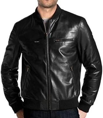 Men’s Premium Black Pure Leather Biker Jacket | Stylish Slim-Fit Bomber Jacket A - Image 1 of 4