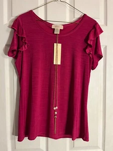 Diana Belle Pink Short Sleeve Stretch Pullover Knit Top w Necklace Medium NWT - Picture 1 of 5