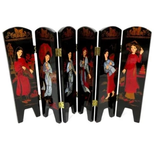 Mini FOLDING SCREEN Asian Black Lacquer 6 Panel Geisha Women Vintage - Picture 1 of 12