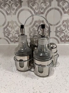 VTG Oil Vinegar Salt Pepper Cruet Set Caddy w/Handle - Bild 1 von 4