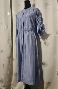 Elegant Maxi Striped Split Dress 100% Cotton Gathering Sleeves Light Blue L/ XL - Picture 1 of 7