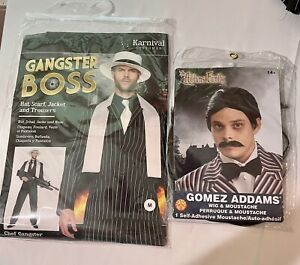 Mens Gangster Gomez Addams Family costume dress up black pinstripe suit & wig