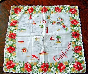 Vintage Kalifornien Karte Souvenir Taschentuch Floral 13-1/2" x 13" unbenutzt - Bild 1 von 6