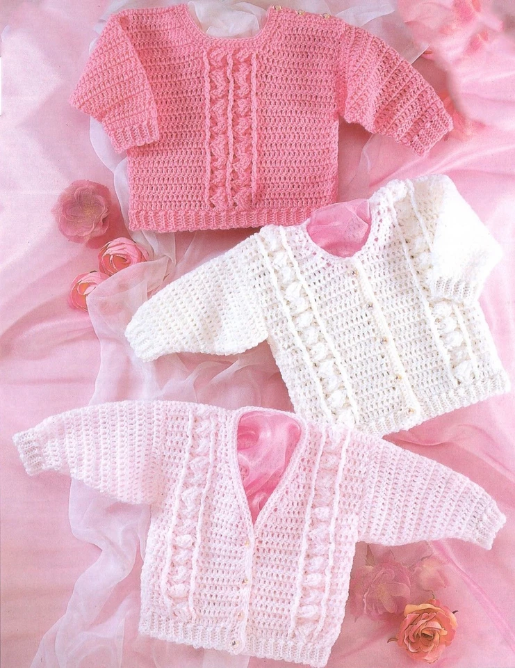 CROCHET PATTERN - SWEET LITTLE BABY GIRL CARDIGANS & JUMPER/SWEATER 14"-20" - Image 1 of 1