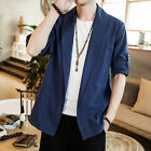 Men Cotton Linen Shirt Open Front Jacket Stand Collar Coat Casual Loose Top Chic
