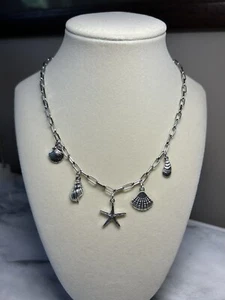 Simple Boho Glam Style Charm Necklace Silver Starfish Shells Puka Shell - Picture 1 of 4