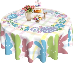 Easter round Tablecloth 60 Inch Eggs Rabbit Buffalo Plaid Table Cloth Dust-Proof - Picture 1 of 7
