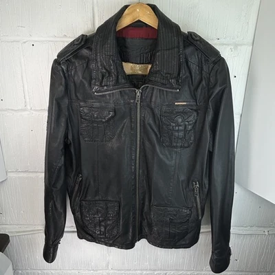 Men’s Superdry Brad Leather Jacket Black Biker Military Epaulettes Vintage 2XL - Image 1 of 4