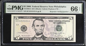 2006 $5 FRN PMG 66 EPQ – Super Repeater Fancy Serial IC51515151A – Philadelphia - Picture 1 of 3