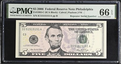2006 $5 FRN PMG 66 EPQ – Super Repeater Fancy Serial IC51515151A – Philadelphia - Image 1 of 3