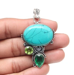 Colgante Turquesa Tibetana Peridoto Piedras Preciosas Día de la Madre Joyería Plata 2.5" - Imagen 1 de 7