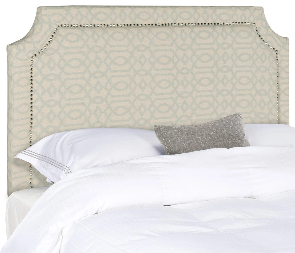 Shayne Wheat/ Pale Blue Pattern Upholstered Headboard - Silver Nailhead (Full) - Image 1 of 1