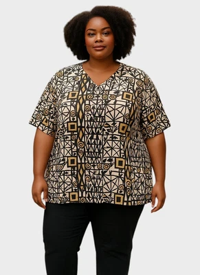 Maggie Barnes Blouse Womens 2X Black Aztec Print Stretch Top Boho Southwestern - Image 1 of 4