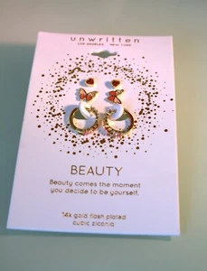 Unwritten 14K Gold Plated red, clear CZ mini hoop, butterfly, heart stud earring - Picture 1 of 2