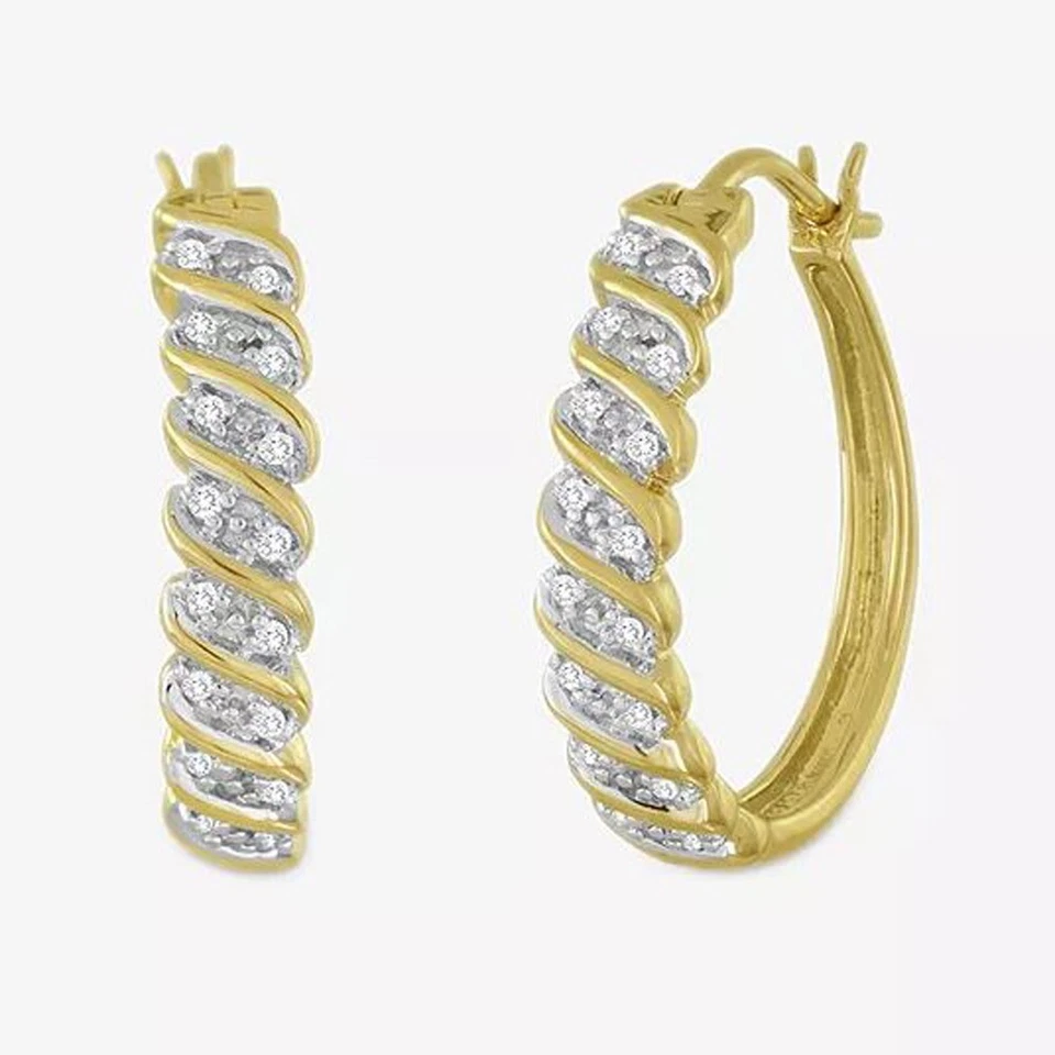 1/10CT Natural Diamond Twist Hoop Huggies Earrings 14K Yellow Gold Plated Silver - Image 1 of 1
