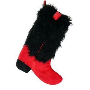 Western Christmas Stocking Cowboy Boot Faux Fur Minky Fleece Red & Black 14.5" - Picture 1 of 5