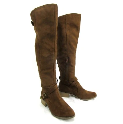 Botas de moda Merona sobre la rodilla tacón bajo imitación gamuza cremallera hebillas marrón coñac Foto 1 de 4