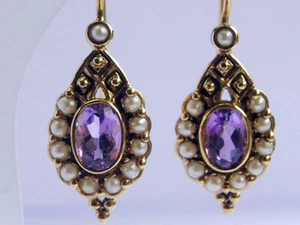 Pendientes gotas de amatista natural y perlas de oro 9 quilates genuino E128 estilo antiguo - Imagen 1 de 3