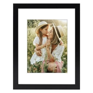9x12 Black Photo Frame Solid Wood Displays 6x8 with Mat Tempered Glass - Picture 1 of 9